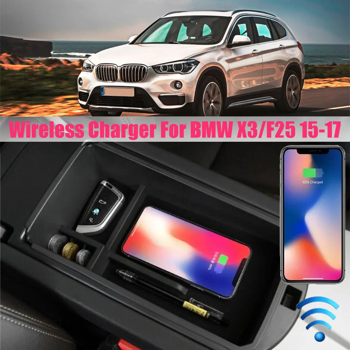 

Phone Wireless Charging Central Armrest Storage Box 12V DC wireless charging tool For BMW X3/F25 2015 2016 2017 LHD