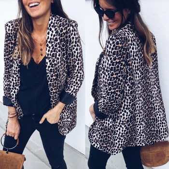 

Women Slim OL Suit No Button Casual Leopard Jacket Coat Tops Outwear Long Sleeve