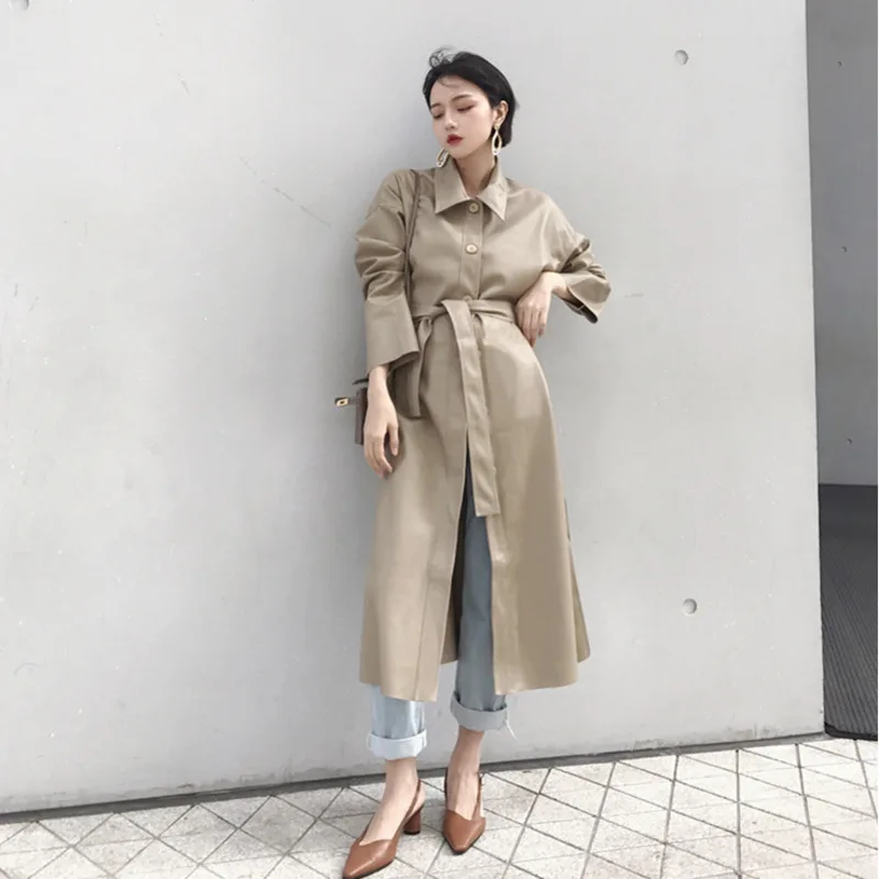 Koop Lanmrem 2020 Nieuwe Lente Mode Lange Soort Pu Leer Windjack Losse Single Breasted Lange Jas Zwarte Vrouwen Kleding YG625