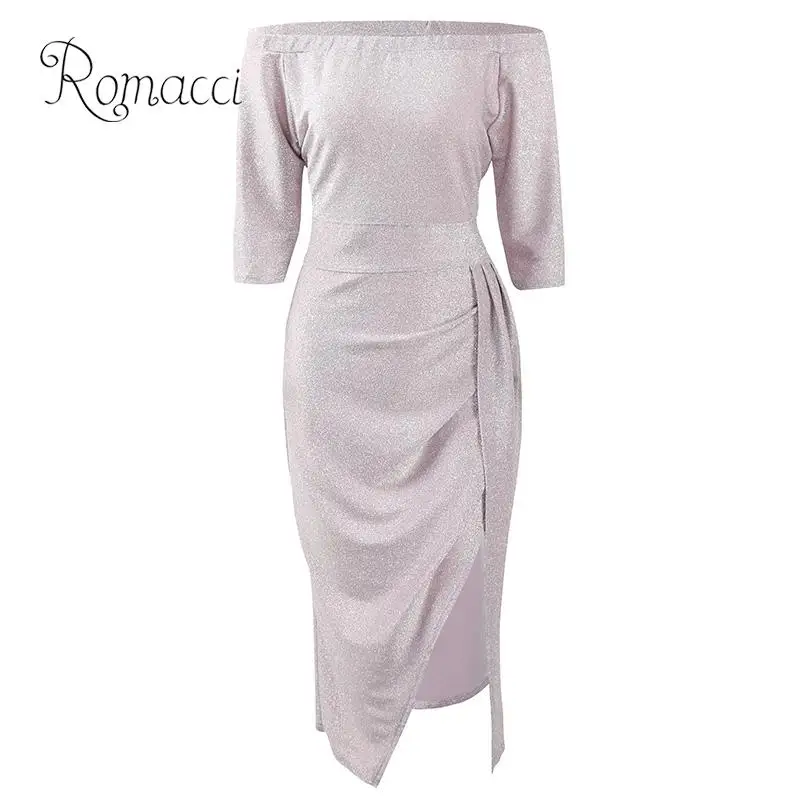

Romacci Women Sexy Slash Neck Split Bodycon Dress Autumn 3/4 Sleeve Bright Silk Shiny Dress Waist Sheath Plus Size Party Dress