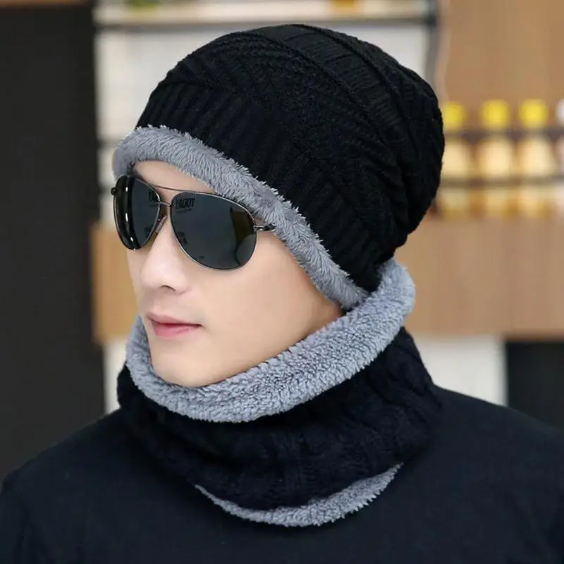 

Neck warmer knitted hat scarf set fur Wool Lining Thick Warm Knit beanies balaclava Winter Hat For men women Cap Skullies bonnet