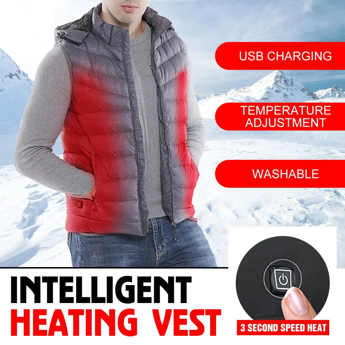 

Mens Winter Heated USB Charge 3modes Hooded Work Jacket Coats Vest Adjustable Temperature Control Safety Clothing