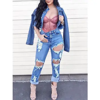 

Women's Skinny Ripped Pants High Waist Stretch Slim Pencil Trousers Hollow Out Shredded Pants