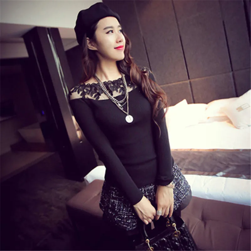 2018 Pull Femme Women Striped Knit Sweater Autumn Long Sleeve Off Shoulder Sexy Hollow Lace Crochet