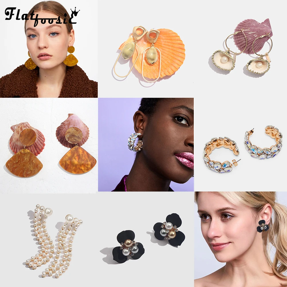 

Flatfoosie 2019 Boho Shell Dangle Earrings For Women Vintage Resin Simulated Pearl Fringed Crystal Drop Earring Weeding Jewelry