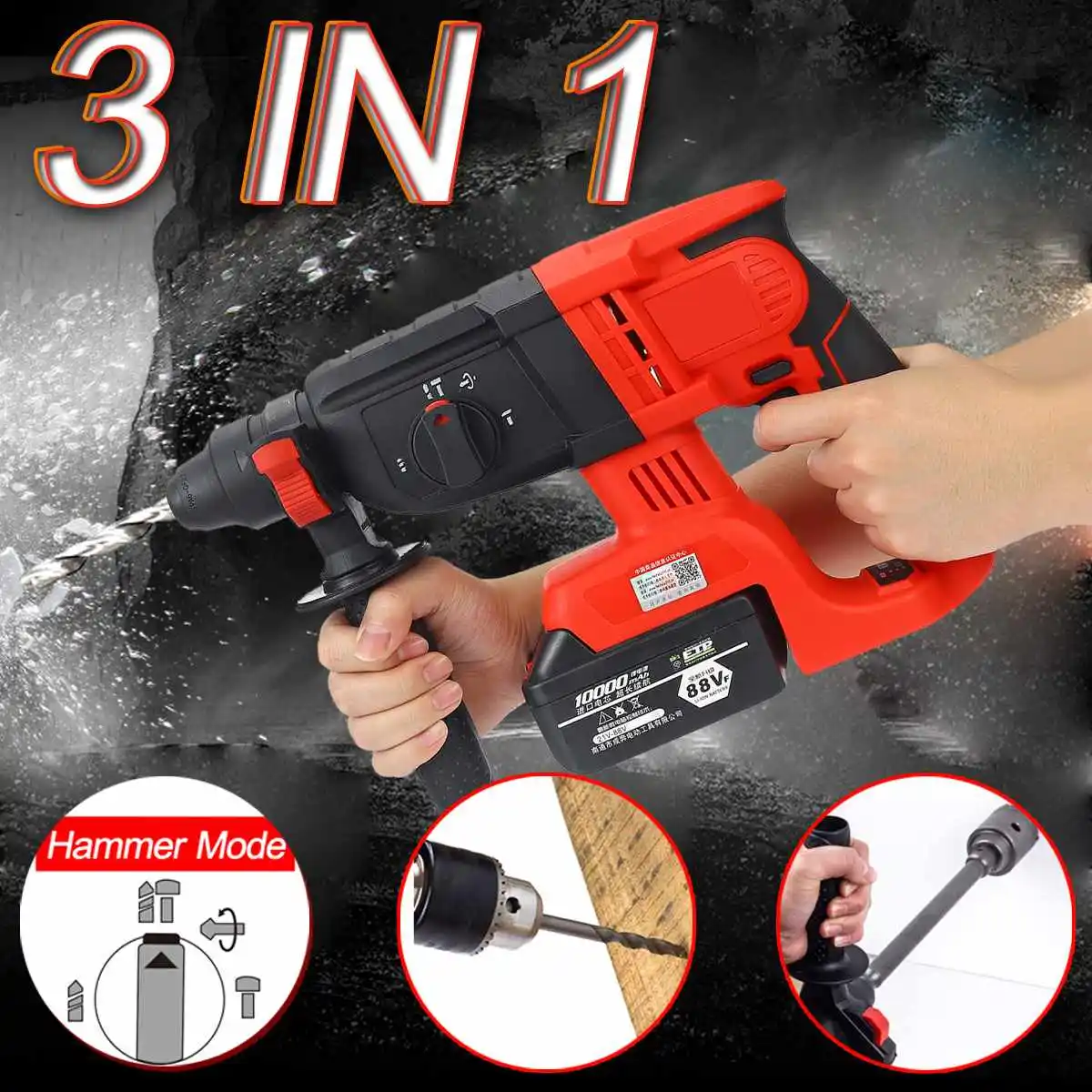 

3 IN 1 110-240V 88V/128V/228V Multifunction Electric Cordless Brushless Hammer Impact Power Drill with Lithium Battery
