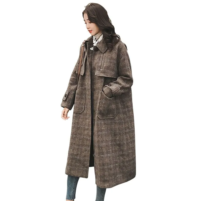 

Wool Blend Lattice Jacket Coat Women Autumn Winter Loose Vintage Long Windbreaker Brown Thick Overknee Woollen Overcoat HJ17