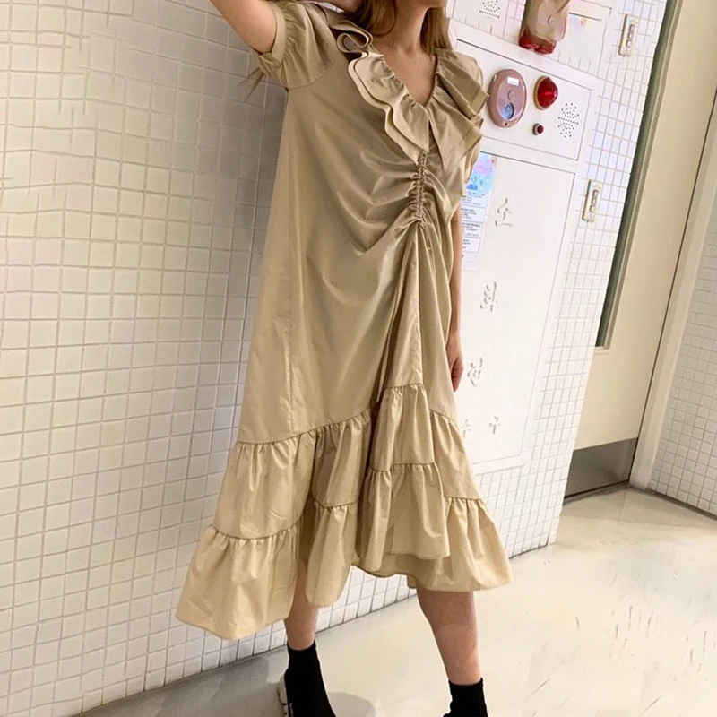 VGH Лето Pleat платье для Для женщин рюшами вырез горловины короткими рукавами