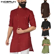 INCERUN,, мужские рубашки с длинным рукавом, стоячий воротник, пуговицы, топы, костюм для мужчин, исламский арабский кафтан, мусульманская одежда, рубашки для Ближнего Востока