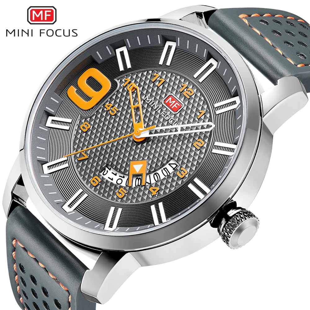 

2019 New Arrival MINIFOCUS Quartz Watch Men Genuine Leather Strap Calendar Dial 3ATM Waterproof Wrist Watches Top Brand Luxury