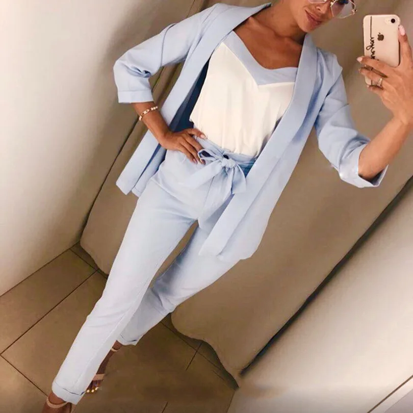 

2019 Women Blazer Suit Set 3 Piece Strapless Vest Blazer Coat Full Length Pant Women Set Elegant Slim OL Femme Women Suits