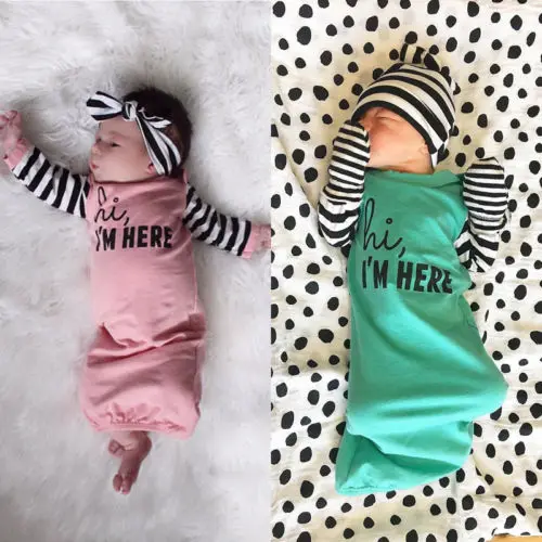Хлопковый спальный мешок с длинными рукавами и надписью для новорожденных мальчиков и девочек 0-18 м, повязка на голову, комплект из 2 шт., одежда для сна и халаты