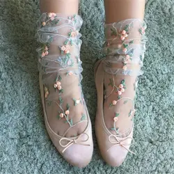 Винтаж для женщин рюшами Лук ажурные носки длиной по щиколотку Ретро сетки кружево Цветочные рыбы короткие носки 2019