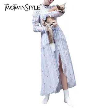 

TWOTWINSTYLE Elegant Embroidery Patchwork Women Dress Stand Long Sleeve High Waist Print Asymmetrical Dresses Female Spring
