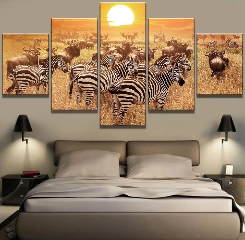 

5 Panel HD Print Large Cow Zebras Sunset Poster Cuadros Landscape Canvas Wall Art Home Decor For Living Room Canvas Painting