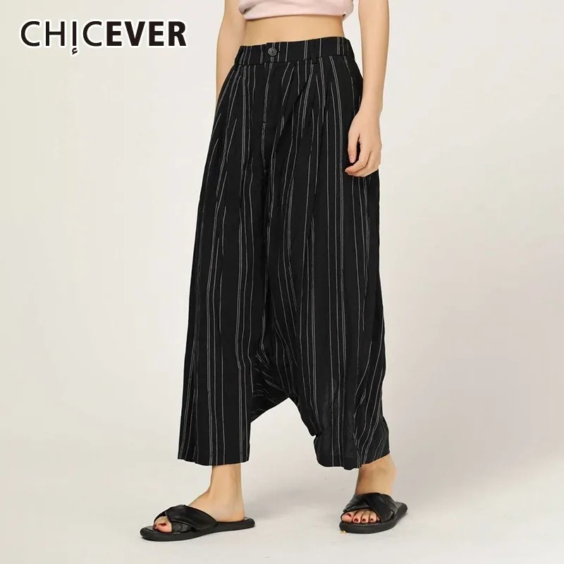 

CHICEVER Spring Striped Women Cross Pants Button Fly Pockets Bottom Split Loose Oversize Female Ankle-length Pant 2019 New