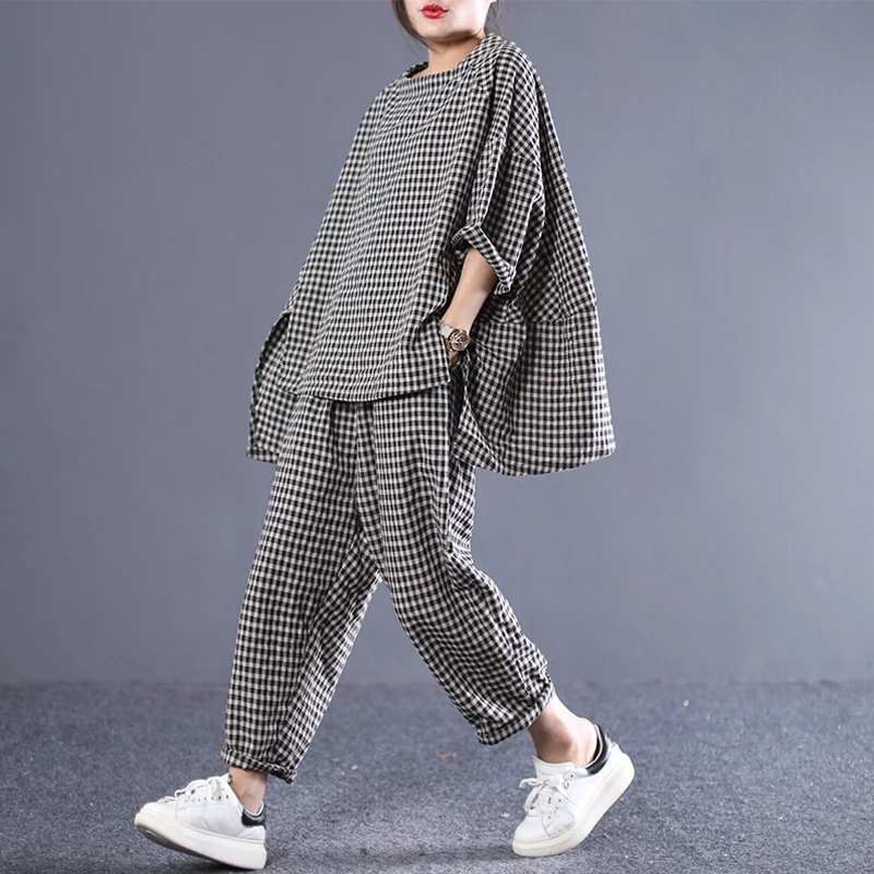 

[EWQ] 2019 Spring Summer Of New 2019 Round Collar Short Sleeve Hit Colors Plaid Patchwork Ankle Length Pants Vintage Set AE12416