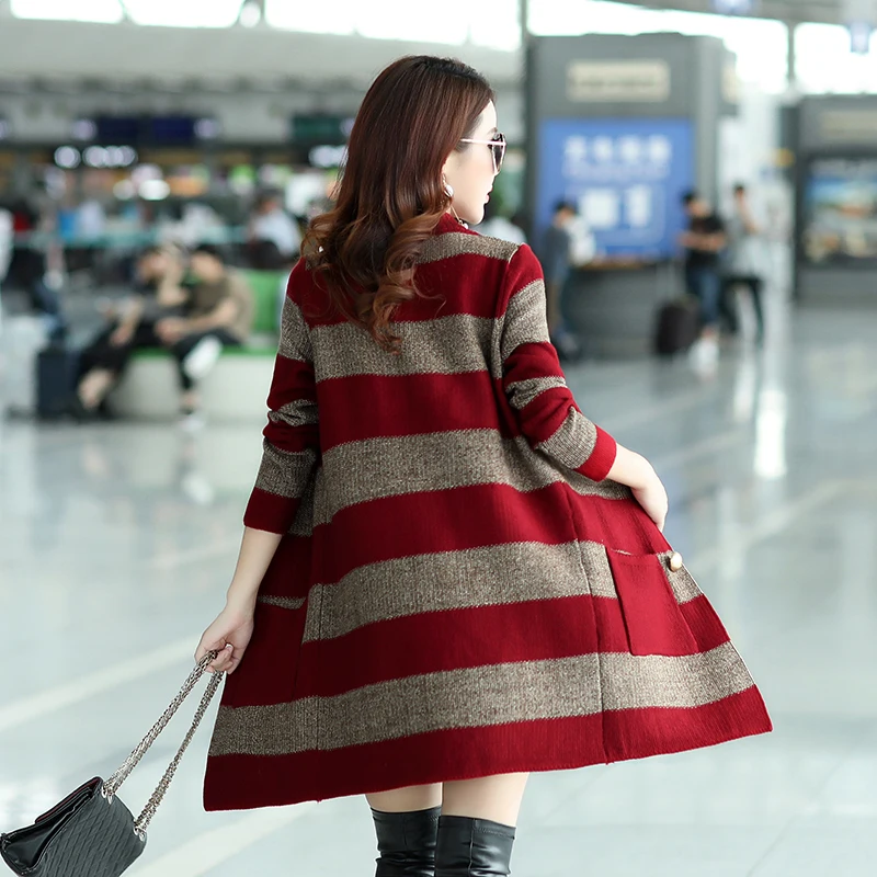 Najtaniej Jesienne damskie swetry w stylu casual luźne O neck z długim rękawem swetry rozpinane zimowe dzianinowe swetry w paski zużyta kurtka płaszcz z kieszeniami