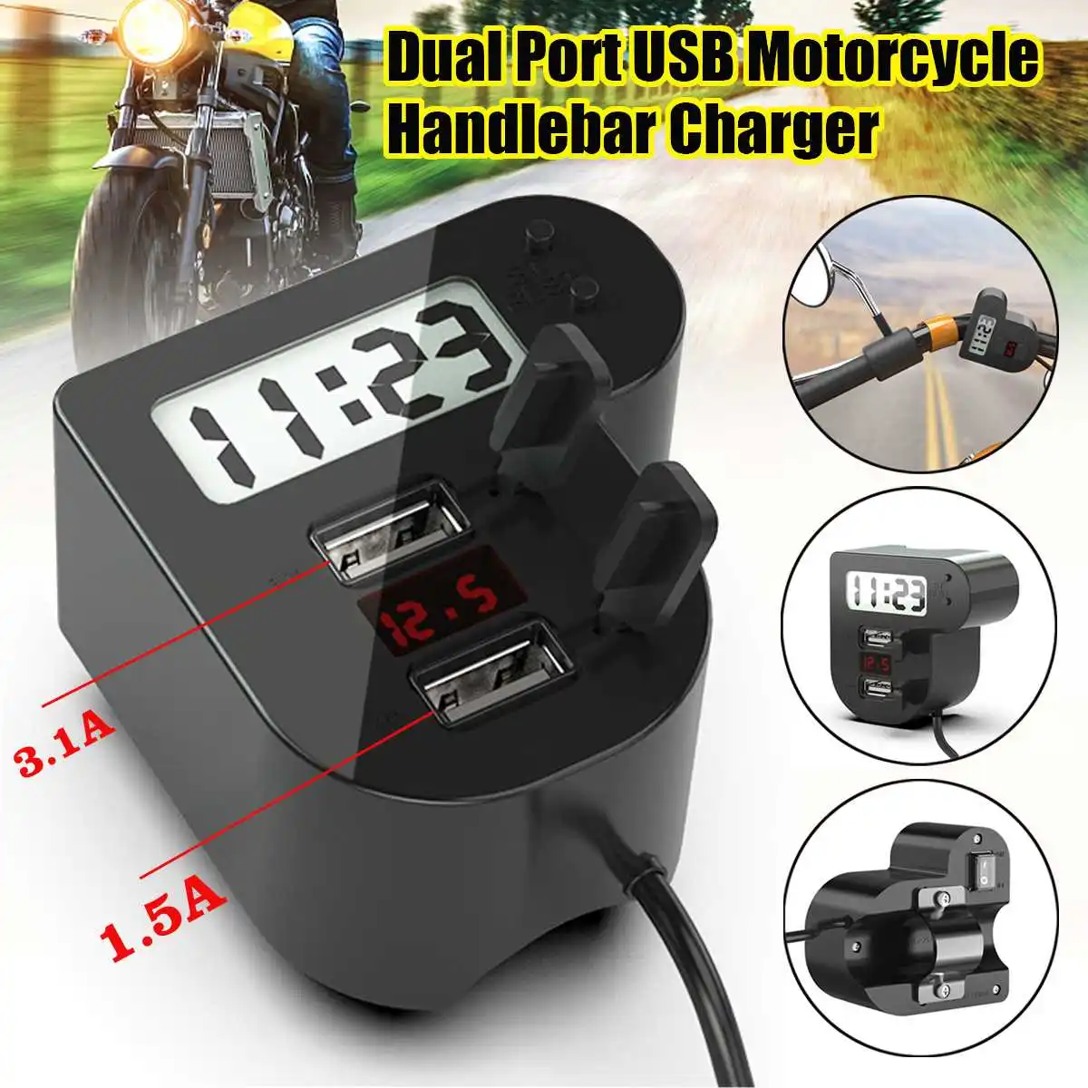 12V 24V Dual USB Port Waterproof Motorbike Motorcycle Handlebar Charger