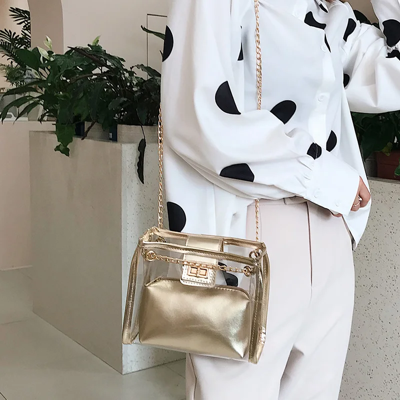 

New Transparent Wallet 2 In 1 Handbag Transparent Bag Handbag Gold Chain Pvc Shoulder Bag