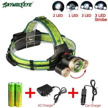 

SKYWOLFEYE Zoomable 22000 LM 3 LED Head Light 4 Modes Rechargeable Lamp +AC/Car Charger +2X 18650 5000mAh Batteries A609