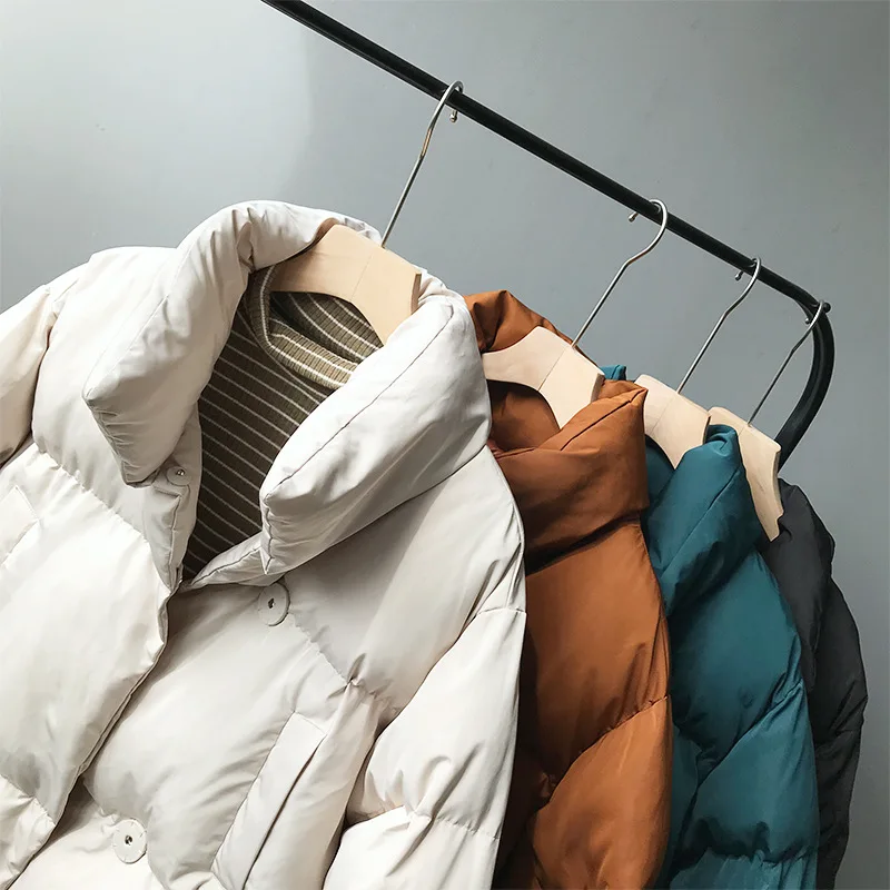 Толстые женские куртки, новинка, Осень-зима, отложной воротник, Свободные Студенческие пальто-кокон, однобортные женские стеганые куртки