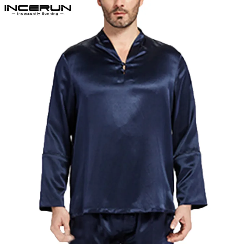 INCERUN 2019 шелк атлас Для мужчин сна топы с длинным рукавом v-образным вырезом мягкая Пижама одноцветное Цвет Удобные Модные Для мужчин