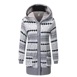 Кардиган пальто для женщин большой размеры с флисовой подкладкой утолщенной печатных капюшоном вязать куртка, пальто, свитер вязаный
