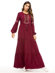 Вышивка цветок платье макси Абая Мусульманская кисточка с длинным рукавом платья для Рамадана свободный Ближний Восток марокканский