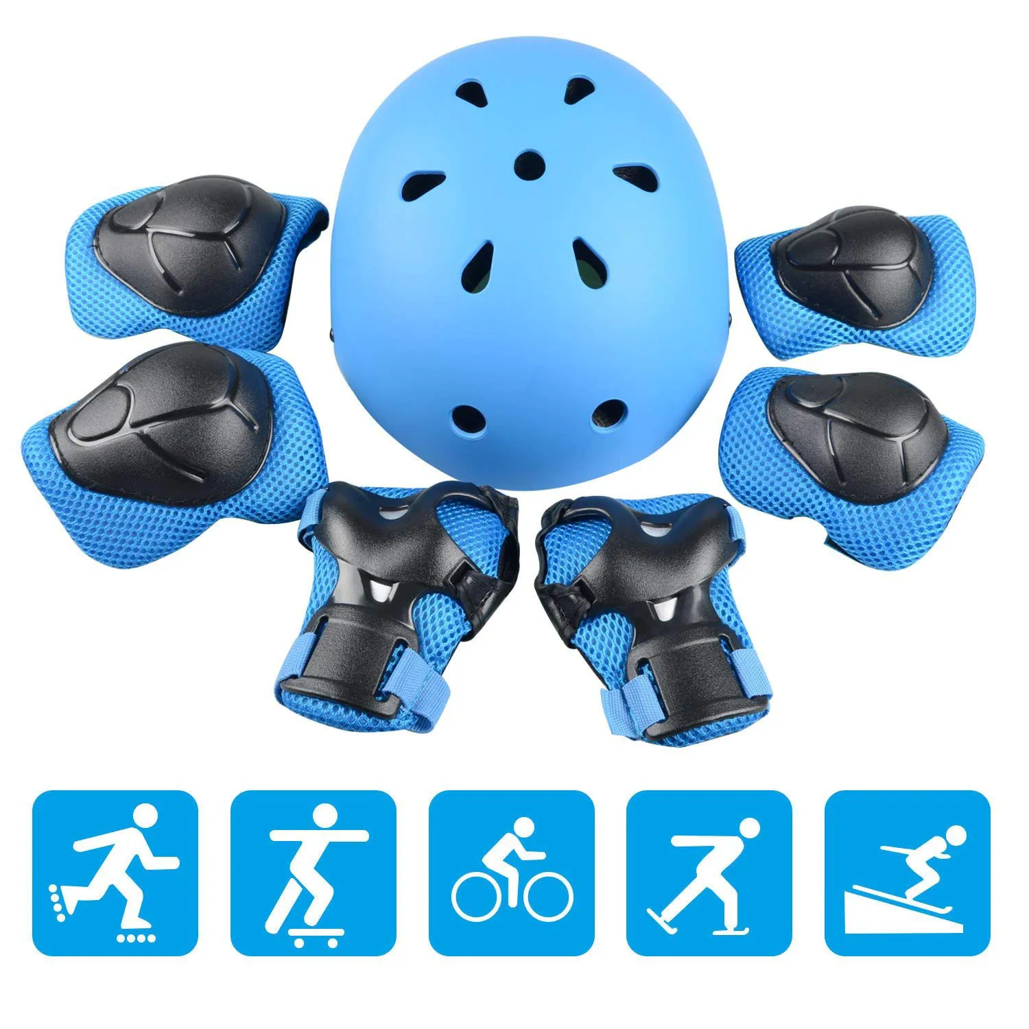 Super sell 7PCS Knee Pads Elbow Guards Wrist Helmet Set Child