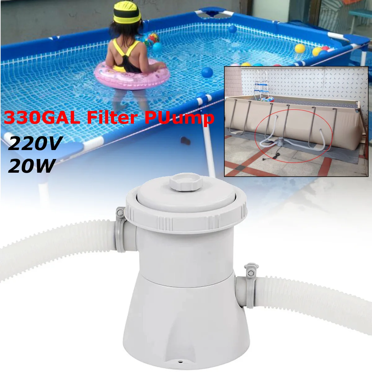 

330GAL 220V 20W Filter Pump Tools Set For Fast Ground Steel Frame Baby Children Aerated Swimming Pool Keep Clean Accessories