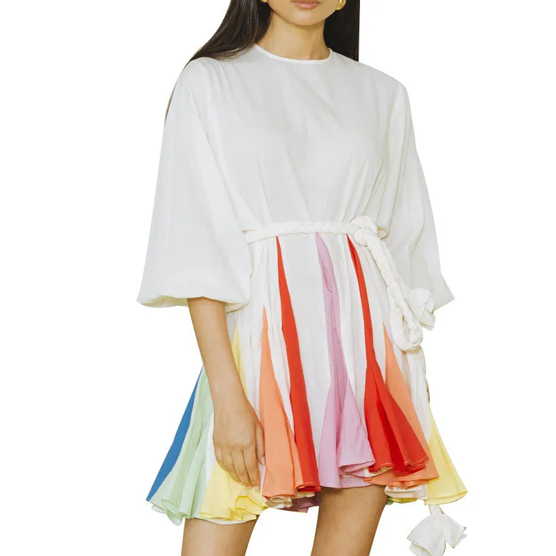 TWOTWINSTYLE Бандажное мини-платье в стиле пэчворк для женщин с круглым вырезом и длинным рукавом с высокой талией хит цвета платья для женщин Повседневная мода