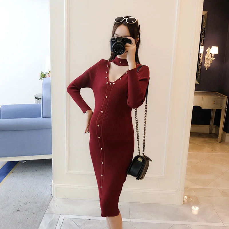 

Long sleeve halter v-neck spring fashion maternity clothing single breasted skinny sheath knitting pregnant women pencil dress