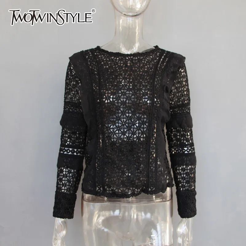 

TWOTWINSTYLE Lace Shirts Blouse Women Patchwork Ruffle Long Sleeve Hollow Out Sexy Tops Female Korean Fashion 2019 Spring