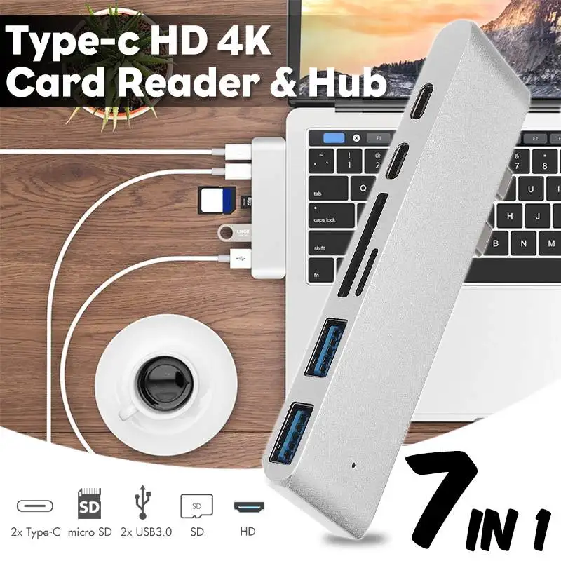 

7 IN 1 Multifunctional Dual Ports USB C Hub To HDMI 4K to Card Reader USB C Hub 3.0 Adapter Combo with SD Slot