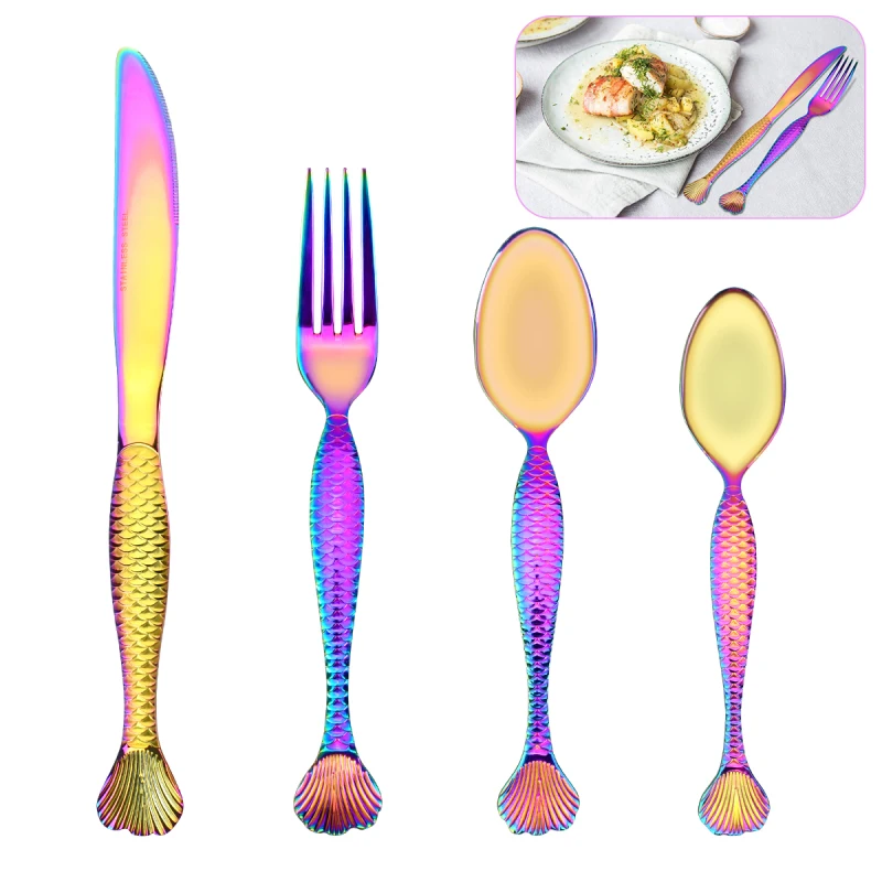 

New 4 pcs/lot Stainless Steel Mermaid Cutlery Set Knife Fork Tea Spoon Iridescent Dinner Utensils Party Rainbow Color Dinnerware