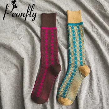 

PEONFLY New Colorful Casual Grid Striped Socks Women Mid-Calf Length Vintage sock Fashion Creative Soft Cotton Socks Female