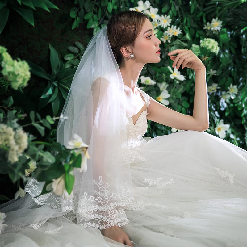 Princess Lace Edge Bridal Veil Two Layer Wedding Veils with Comb Fingertip Length Blusher Vail Women Fashion Korean Headdress | Свадьбы и