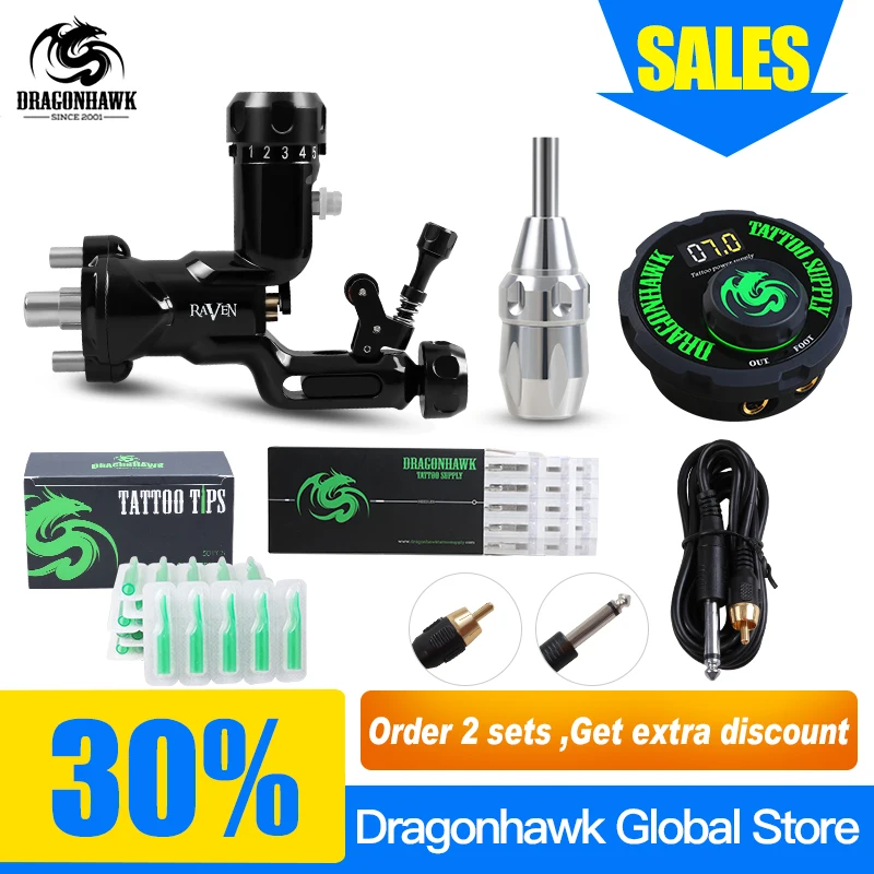 Professional Rotary Tattoo Kit Raven Machine Shader Liner Mix Size