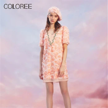 

2019 Summer High Grade Designer Dress Women Pink Short Sweet Party Dress V-Neck Patchwork Green Beading sequins Dress