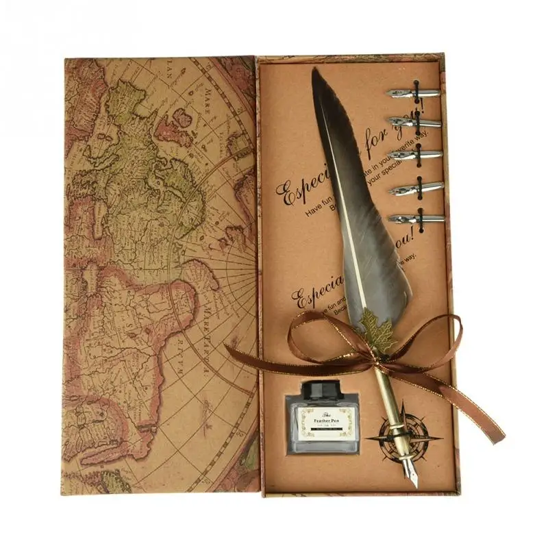 

European Retro Feather Dip Pen Quill Alloy Pen Dip Nibs Calligraphy Writing Pen fountain pen for Friend Xmas New Year kids Gifts