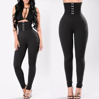 

Hot Sales Casual Women Waist Leggings Stretch High Waist Black Color Full Length Pants Trousers S-XL