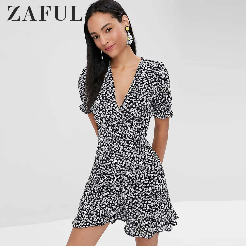 

ZAFUL Floral Print Wrap Tea Dress V-Neck Short Sleeves A-Line Wrap Dress Women Summer Holiday Beach Brief Bodycon Dress 2019