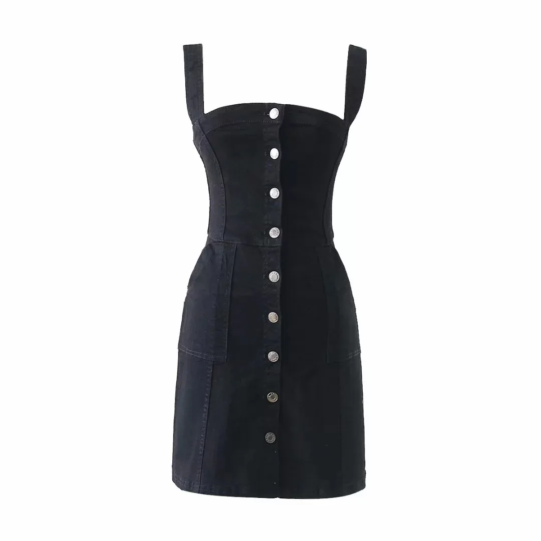 Women Straps High Waist Denim Dress 2019 Summer Solid Single Breasted Mini Jeans Dress Preppy Style Casual Pockets A-Line Dress