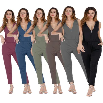 

Sleeveless Zipper V Lead Solid Color Sandy Beach Leisure Jumpsuit Woman