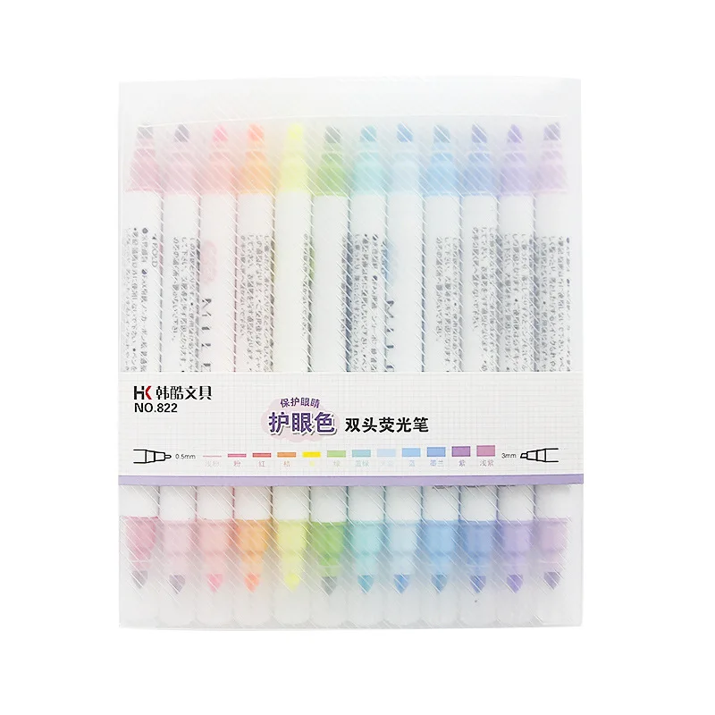 4 Set/L Mild 12 Color Highlighter Marker Dual Side 3mm Bold 0.5mm Fine Drawing Pen Stationery Office School Supplies A6103 | Канцтовары