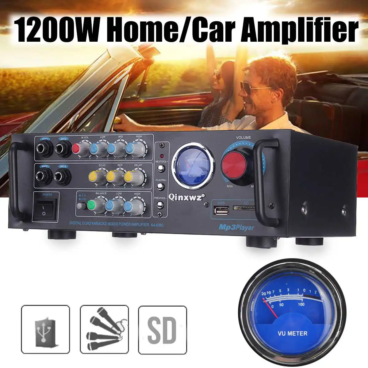 

QINXWZ 1200W Stereo Audio 2 Ch VU Meter 4ohm MP3 USB 4 Microphone SD 220V Amplifier