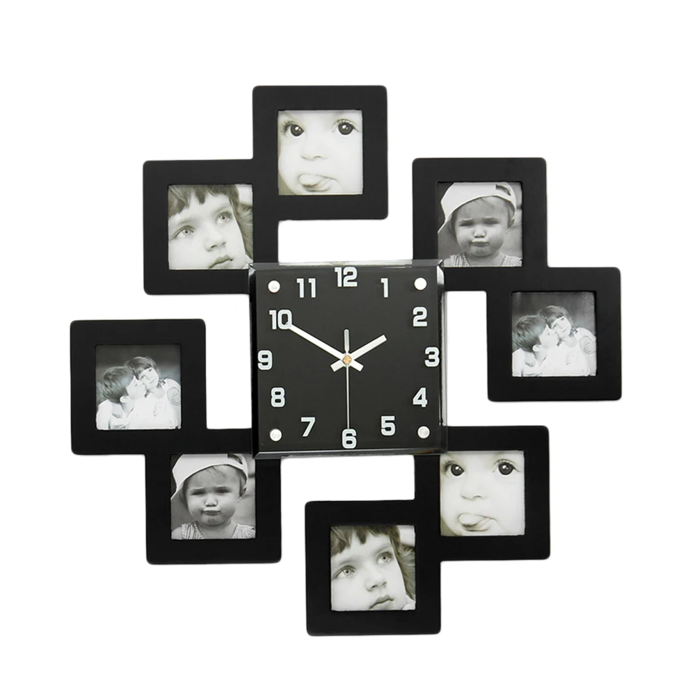 

Creative Wooden Wall Clock with 8 Photo Frames Decorative Silent Hanging Clocks without Battery (Black)
