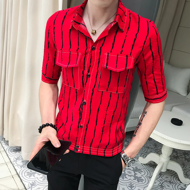 Beste Casual Blouses 2019 Mannen Shirt Jurk Mode Streep Afdrukken Turn Down Kraag Voorvak Ontwerp Shirt Mannen Slim Fit Mannen kleding
