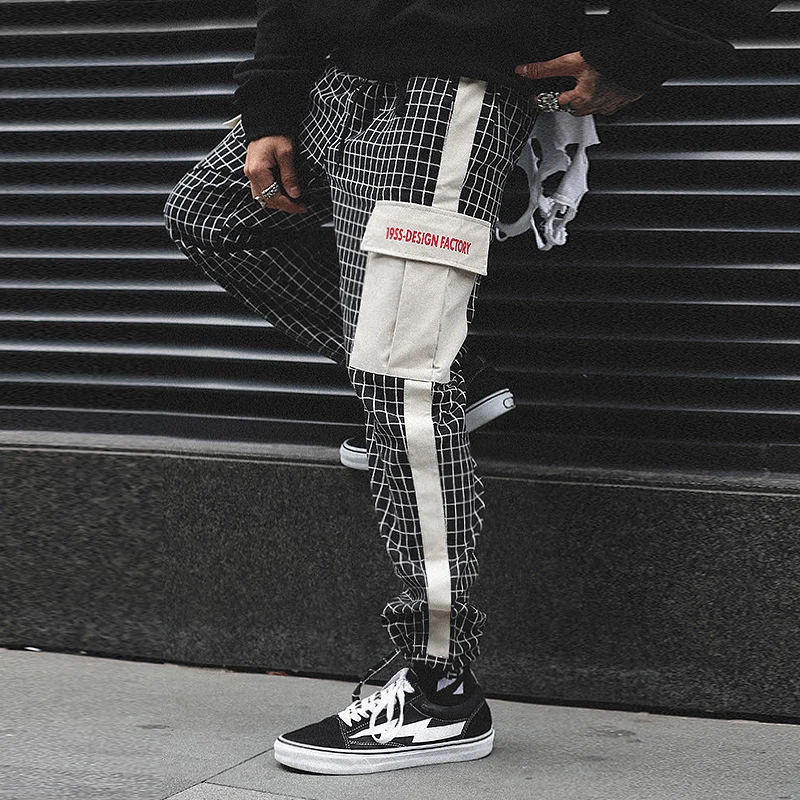sweatpants 2019 spring autumn new Fashion tide overalls loose hip hop plaid wide thin streetwear Free shipping Preppy Style